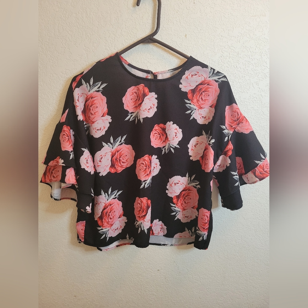 Grayson Threads Black and Pink Rose 2/3 Flare Sleeve Blouse Women's Size M